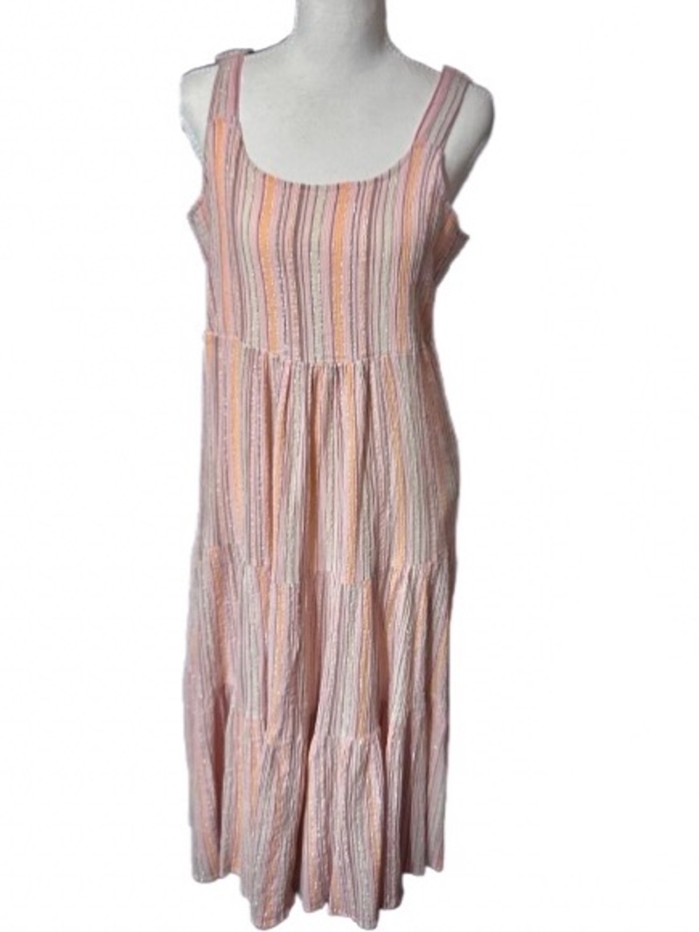 Linda Anderson Metallic Silver Pink Peach Tiered Stripes Dress Maxi Midi Cotton